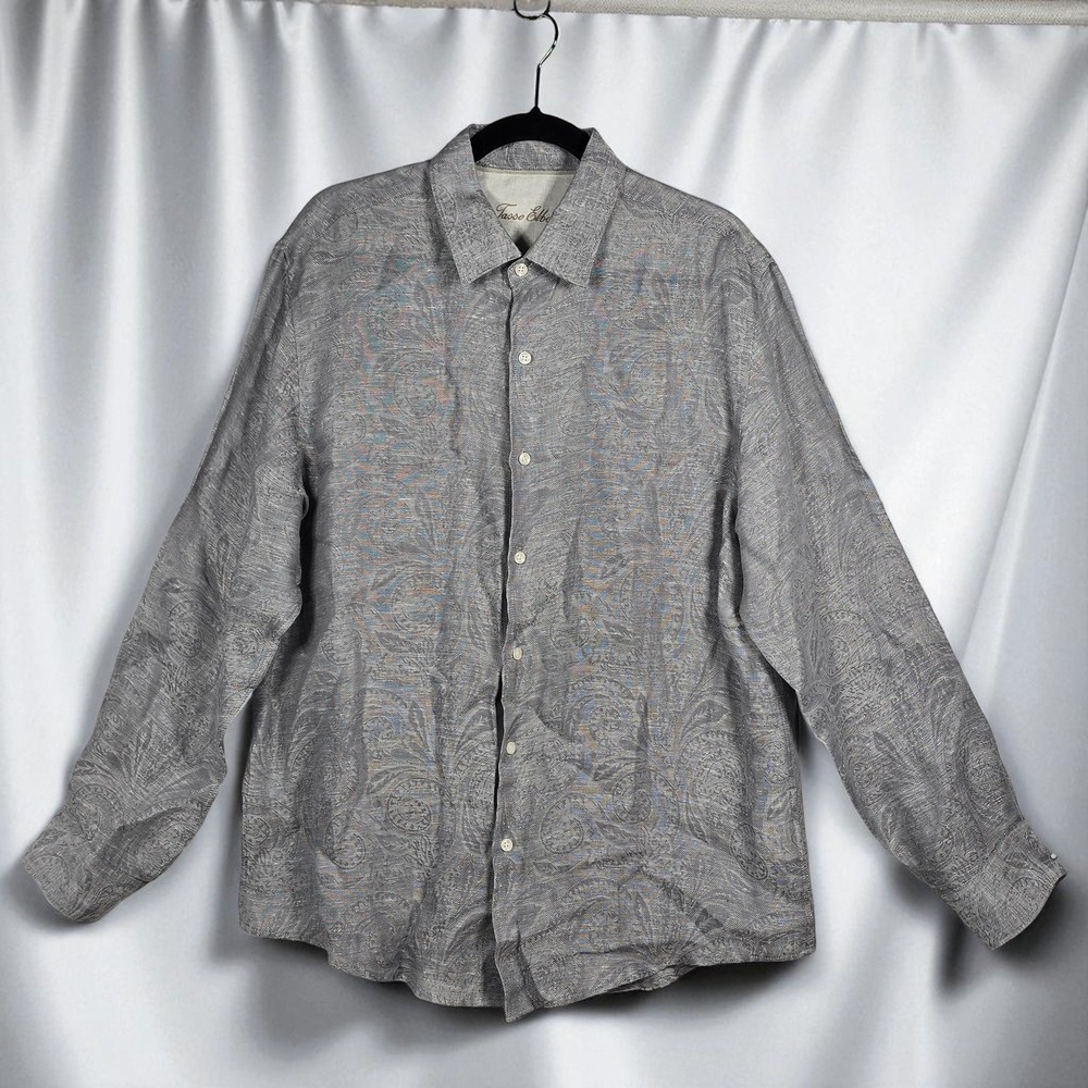 Tasso Elba Linen Shirt Mens Large Long Sleeve Button Up Paisley Print on Gray